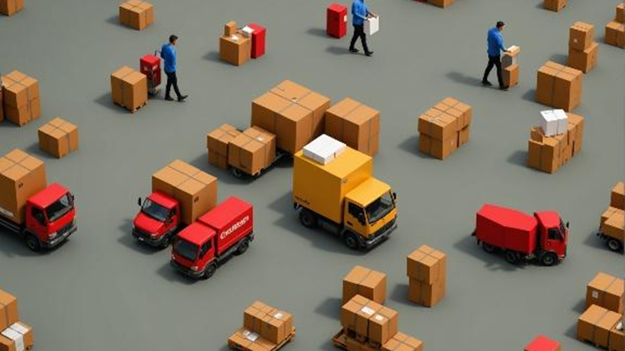 Generated image-only slide with an AI-generated illustration of delivery trucks and parcels