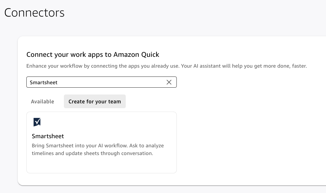 Amazon Quick Connectors directory with the Smartsheet connector tile