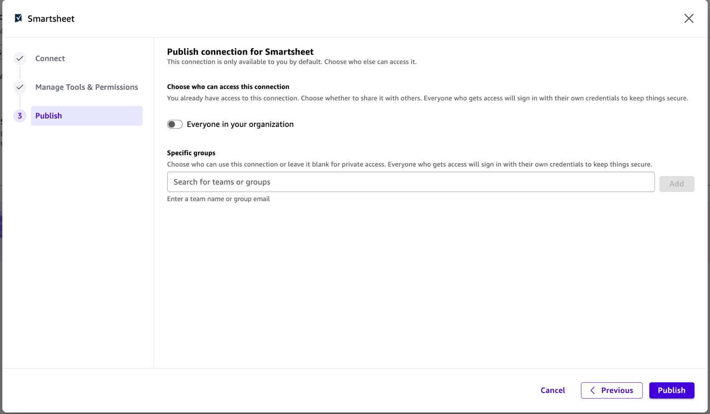 Amazon Quick Publish page for choosing who can access the Smartsheet connection