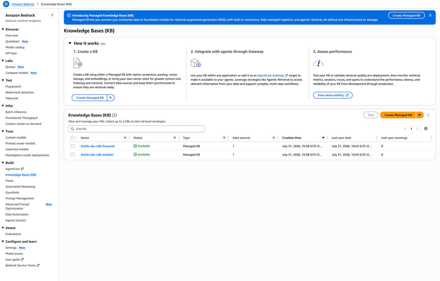Managed ingestion result showing one document indexed per knowledge base with zero failures