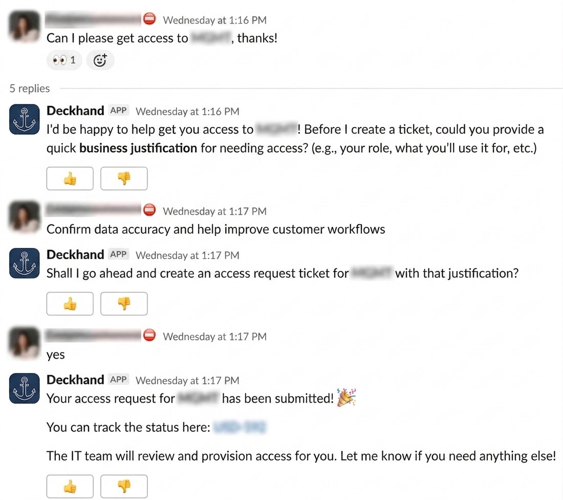 Slack screenshot of Deckhand offering a Create Ticket button