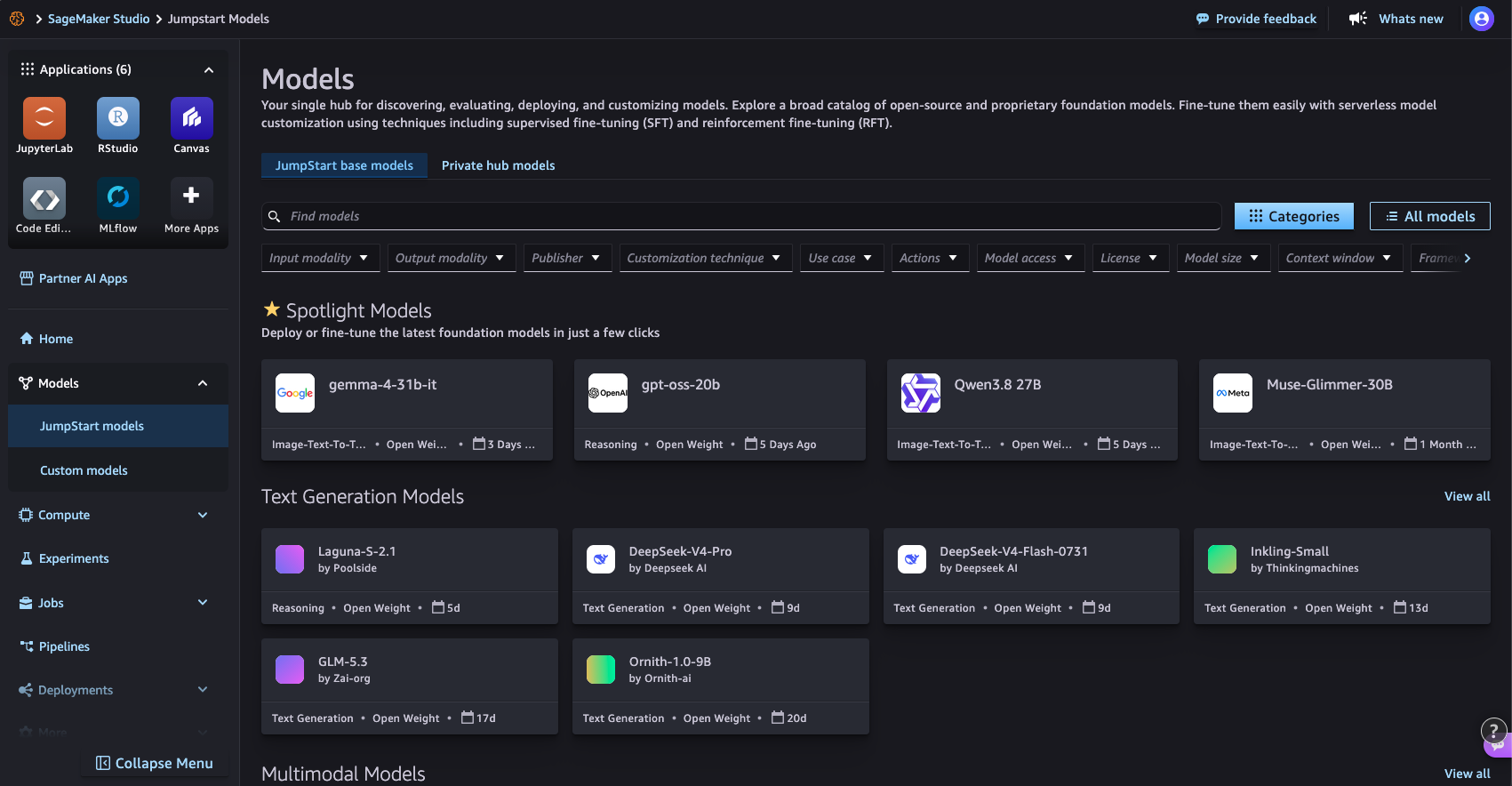 SageMaker Studio JumpStart Models page showing the model catalog with spotlight and text generation models and filters