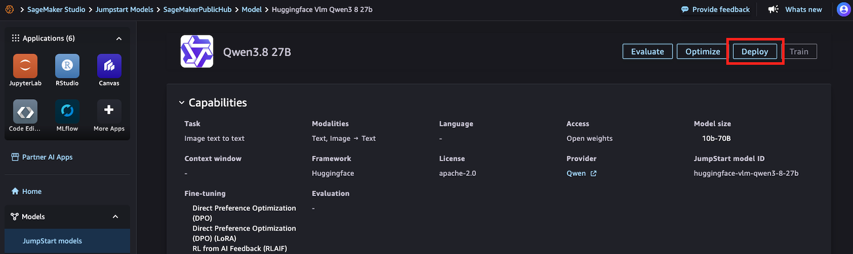 JumpStart model detail page for Qwen3.8 27B with the Deploy button highlighted and model capabilities listed